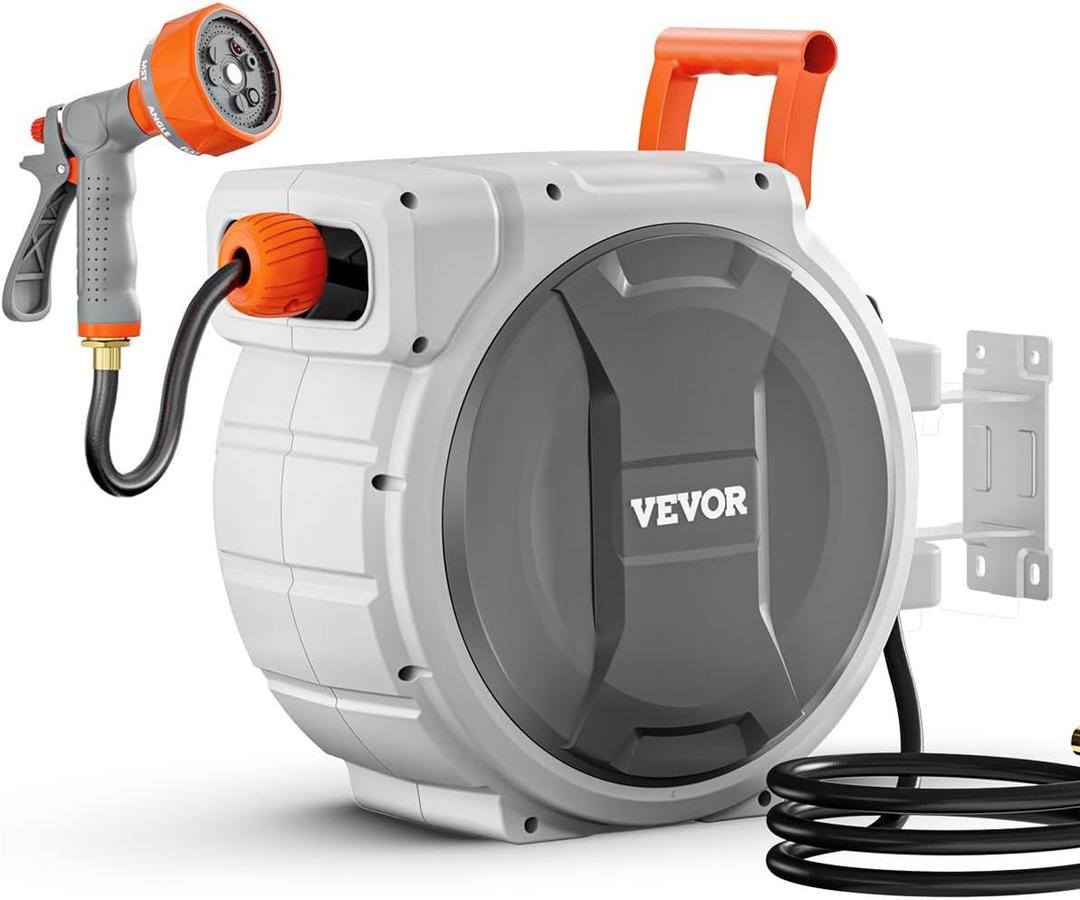 VEVOR Retractable Garden Hose Reel, 1/2 Inch x 145 ft Wall Mounted Hose Reel, Heavy Duty Garden Hose Reel with 9 Patterns Nozzle, Any Length Lock, Upgraded Slow Return System and 180Swivel Bracket