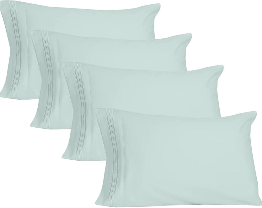 YIYEA Pillow Cases Standard Size Set of 4, Ultra Soft 1800TC Hotel Quality Double Brushed Microfiber Embroidered Pillowcases, Envelope Closure, Fade Resistant (20"x26", Aqua) (26" x 20" (Pack of 4))