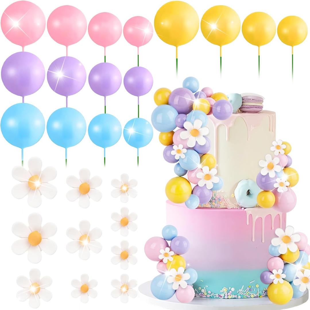 Blue Dog Cake Toppers 63 Pcs Pastel Ball Cake Decorations Daisy Rainbow Cake Topper Hippie Themed Cake Topper for Bohemian Groovy Hippie Wedding Party Supplies