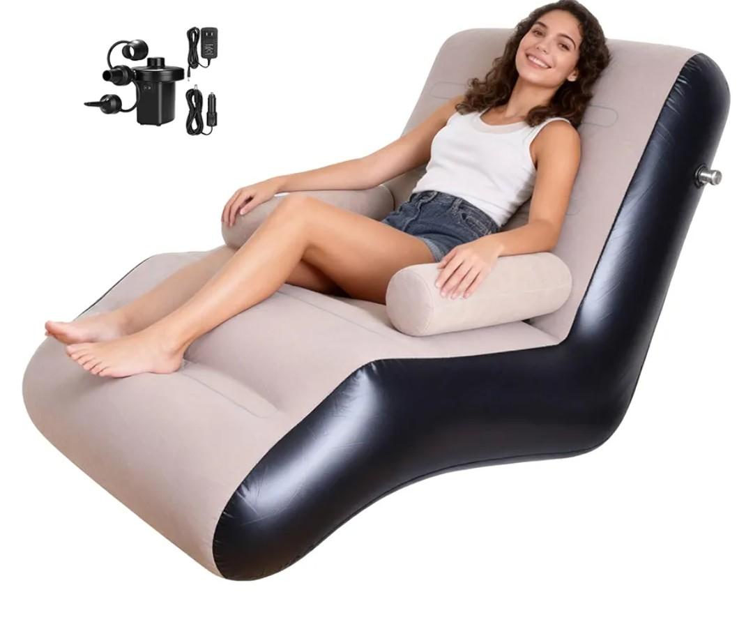 KAERMU Inflatable Deck Chair with Air Pump, Foldable Lounge Chair for Bedroom and Living Room, Indoor Sofa Lounge with Handrails(Brown)