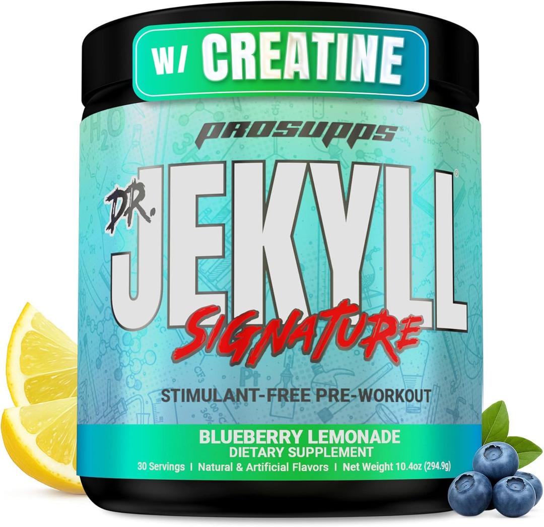 PROSUPPS Dr. Jekyll Signature Pre Workout Powder with Creatine - Stim-Free Preworkout Supports Focus & Endurance - Caffeine-Free Gym & Fitness Supplements (Blueberry Lemonade, 30 Servings), Best By: 06/2026