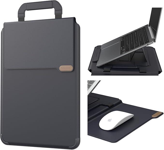 Nillkin Upgraded 13-14 Inch Laptop Sleeve Case for MacBook/Dell/HP/Lenovo/Asus, Unique Slim Travel Computer Bag with Adjustable Stand & Mouse Pad, Magnetic Handle, PU Leather, Black