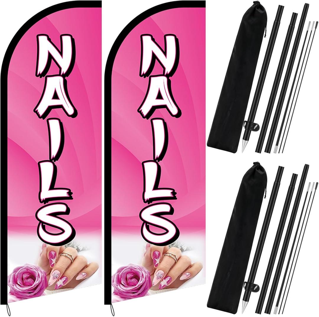 2 Sets Nails Salon Feather Flag Sign 7FT Nails Flags for Business Pole Kit with Stainless Steel Ground Spikes Portable Bags Pink Feather Banner Signs for Businesses Advertising Marketing
