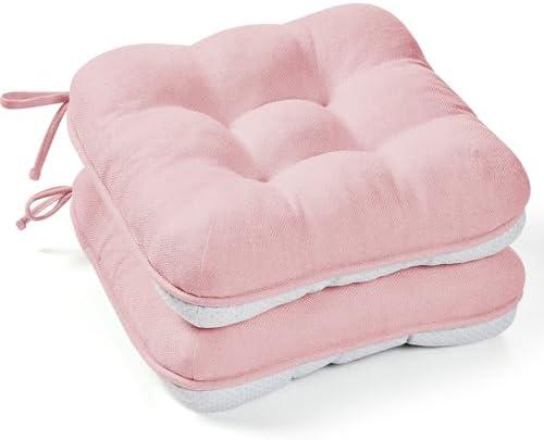 BETU Pink Chair Cushions for Dining Chairs Set of 2,3.5" Thick Kitchen Table Chair Pads with Ties,Non Slip Backing and Covers, Seat Cushion for Dining Room,Bar,Patio Chairs,16"X16"X3.5",Pink