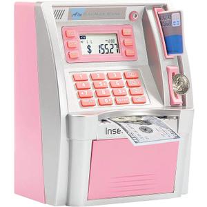 ATM Piggy Bank for Real Money for Kids Adults,Toy Money Bank with Card,Password,Coin Recognition,Bill Feeder,Balance Calculator,Electronic Money Safe Coin Box,Hot Gift for Boys Girls (Silver/Pink)