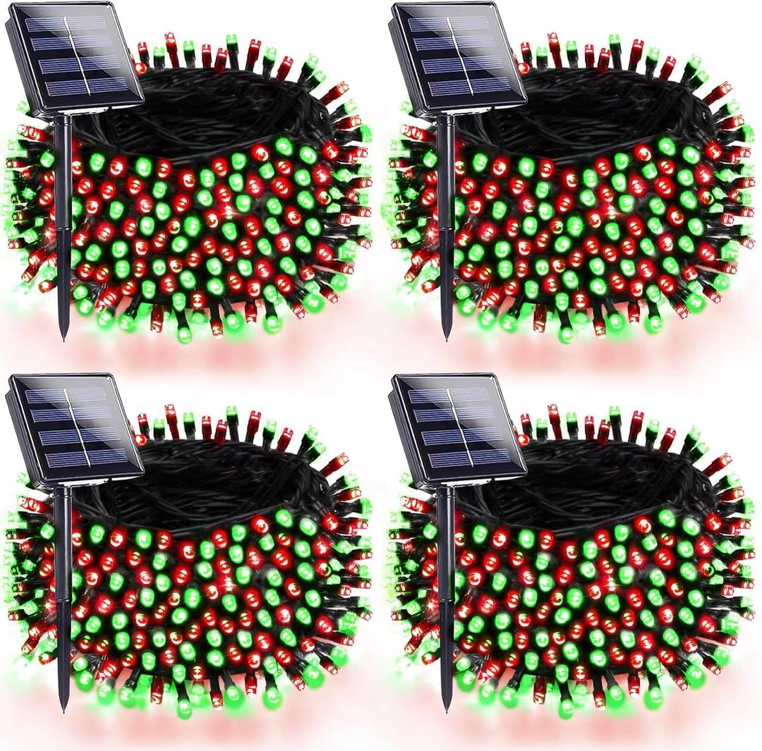 4 Pack 180FT Solar Christmas Lights Outdoor Waterproof, Super Bright 320 LED Solar String Lights with 8 Lighting Modes, Green Wire Twinkle Tree Light for Outside Xmas Party Decorations (Red and Green)
