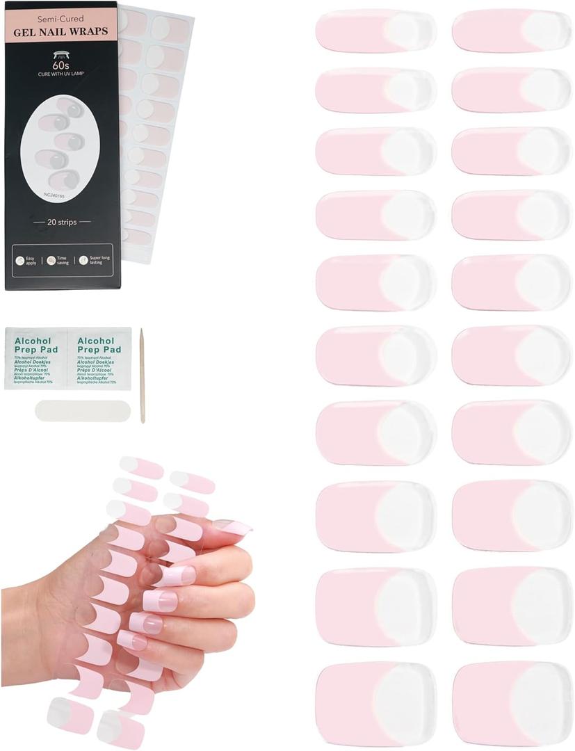 2 x French-Inspired 20pcs Semi Cured Gel Nail Strips - Salon-Grade DIY Wraps with Glaze Texture, Easy Application, UV Light Required for Classic Nails