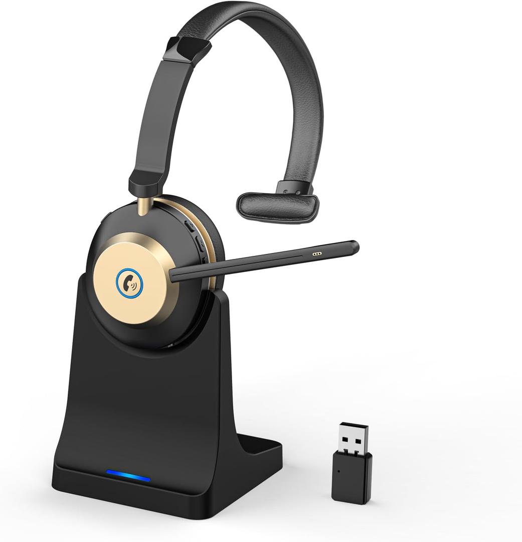 Earbay Wireless Headset with Mic for Work, Bluetooth Headset Microphone Mute & Charging Base, 45H+ Wireless Headphones with Mic Noise Canceling & USB Dongle for Work/Office/PC/MS Teams (Gold Black)