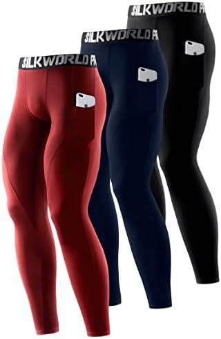 SILKWORLD Men's 1~3 Pack Compression Pants Pockets Cool Dry Gym Leggings Baselayer Running Tights, L