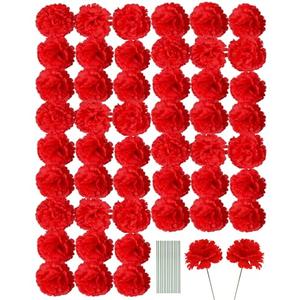 Artificial Carnation Flower, 50pcs Silk Faux Flower Heads with Stem, for DIY Wreath, Wedding Decor, Handmade Flowers, Table Centerpieces, Home Decor, Baby Shower, Graduation Decor (50, Red)