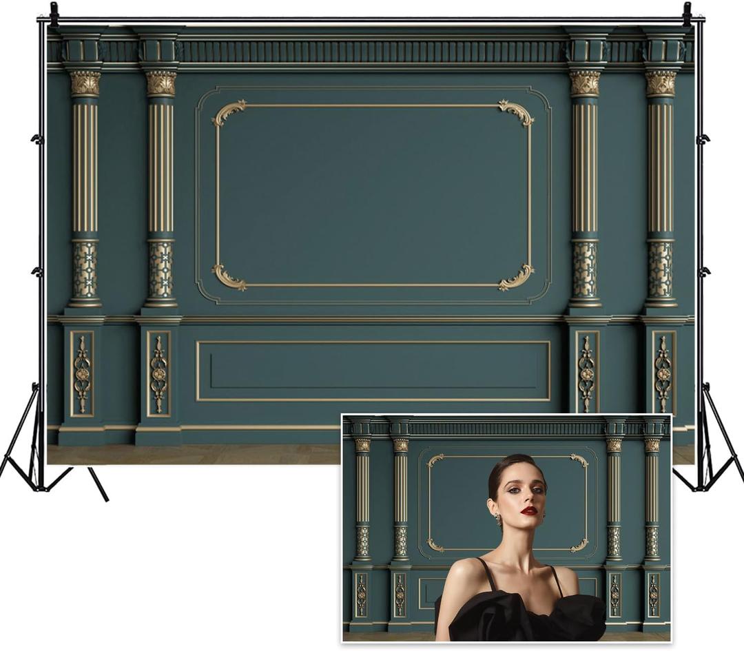 12x8ft Empty Room Backdrop Dark Green Wall Gypsum Line Antique Roman Column Classic Interior Photography Background for Birthday Wedding Artistic Portrait Photo Studio Props Wallpaper