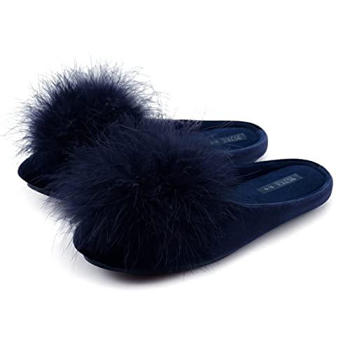BCTEX COLL Women's Cozy Velvet Memory Foam House Slipper,Ladies Fuzzy Bedroom Slipper Non-slip Sole （9-10 navy）