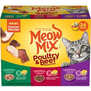 Meow Mix Tender Favorites Poultry & Beef Variety Pack, Wet Cat Food, 2.75 oz Cup (24 Pack) (EXP 05/06/26)