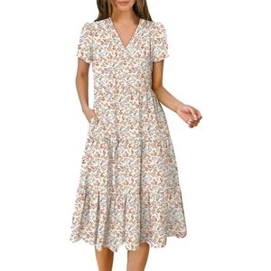 ANRABESS Women's Summer Casual Short Sleeve V Neck Midi Dresses 2025 Spring Flowy A-line Tiered T Shirts Boho Beach Dress Size XL