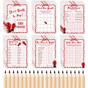 Shes Ready to Pop Baby Shower Games Bundle, 111 Pcs Soda Pop Theme Set with 5 Games, 90 Cards, 20 Pencils and 1 Answer Cards, Pink Gingham and Bow Decor for Gender Reveal, Party Supplies