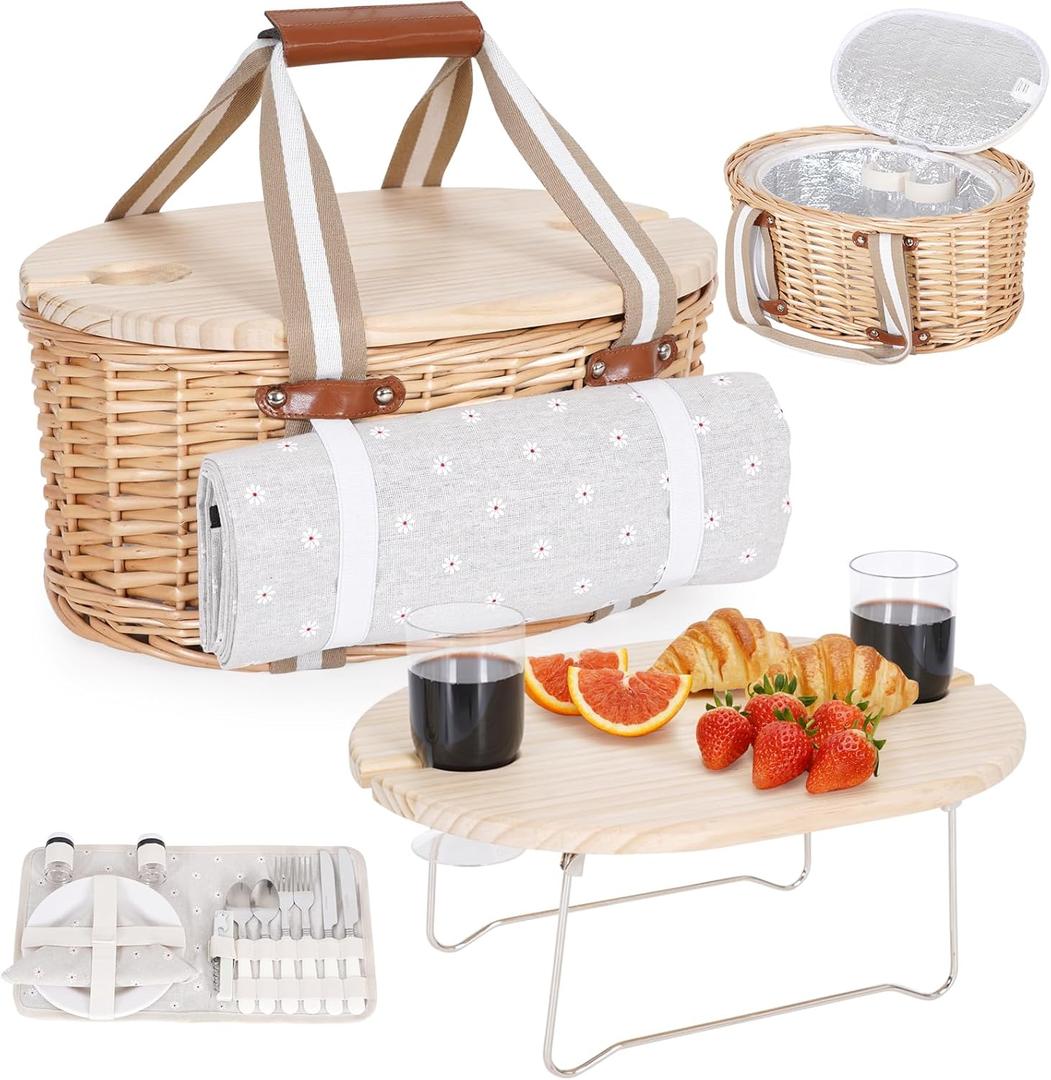 Picnic Basket Set for 2 - Wicker Insulated Picnic Basket with Waterproof Blanket, Folding Wine Picnic Table & Cutlery Kits, Picnic Baskets Kit for Camping, Outdoor, Valentine (White Flower)