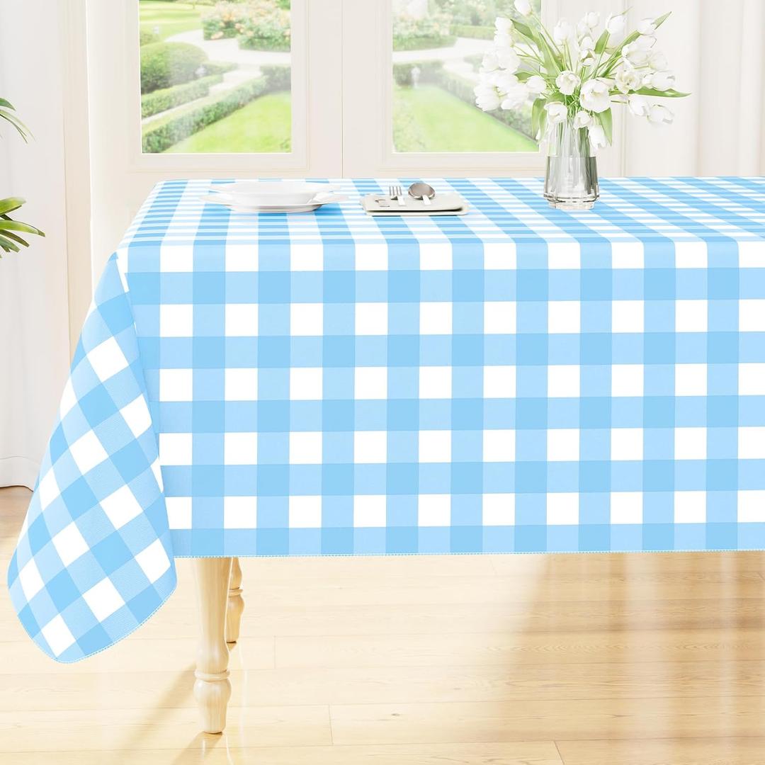 Smiry Rectangle Table Cloth, Waterproof Vinyl Tablecloth with Flannel Backing, Wipeable Buffalo Plaid Table Cover for Picnic, Indoor and Outdoor (Baby Blue & White, 60"x102")