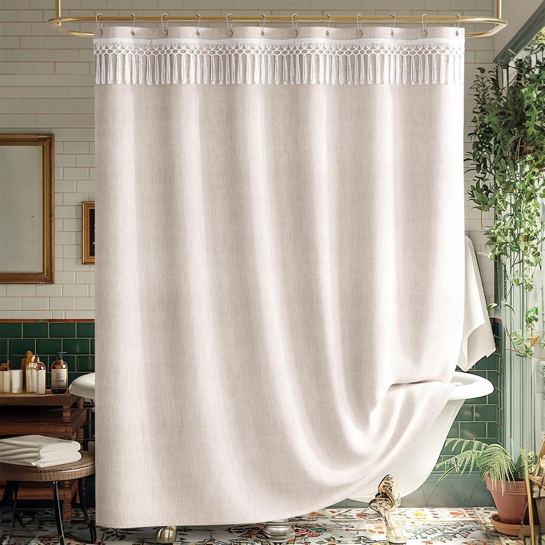 AmazerBath Boho Farmhouse Shower Curtain Beige with Top Tassels, Faux Linen Fabric Neutral Shower Curtain Set with Hooks, Water Repellent, 72x72 Inches