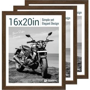 16x20 Picture Frame Set of 3 - Brown Woodgrain, Wood Poster Frame, HD Tempered Glass, Wall Gallery Hanging