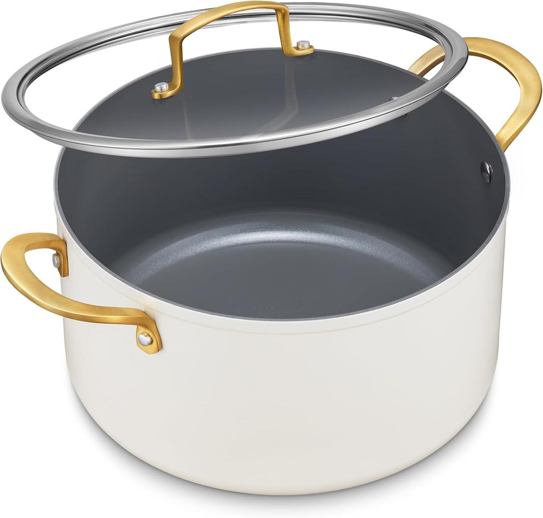 BEZIA 6 Quart Stock Pot with Lid, Ceramic Nonstick Cooking Pot, Soup Pot with Stainless Steel Handle, Tempered Glass Lid, Induction Compatible for Pasta, Soup, Spaghetti, Dishwasher Safe, Cream