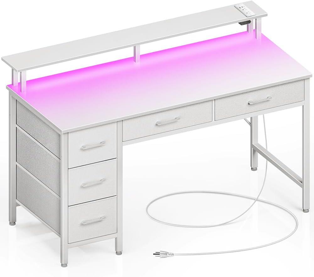 Seventable Computer Desk with Power Outlets & LED Light, 39 inch Home Office Desk with 5 Drawers, Writing Desk with Monitor Stand, Work Desk for Home Office, White