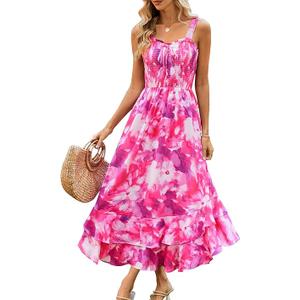 GRACE KARIN Women's 2025 Summer Floral Boho Dress Square Neck Strapped Swing A Line Sundress Beach Long Maxi Outfits M Rose Purple