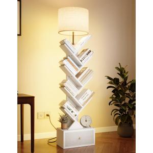 9 Tier Tree Bookshelf with Light and Drawer, Floor Standing Bookshelf Storage Organizer for Books/CDs, 9 Shelf Small Bookcase for Bedroom, Living Room, White