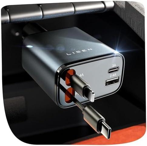 LISEN Retractable Car Charger, for Gifts for Him Her, Cars Adapter USB C Fast Charger, Car Accessories Gadgets for Men Women Travel Essentials Gift for iPhone 17 Pro Max 16 15 14 13 12, Samsung S26