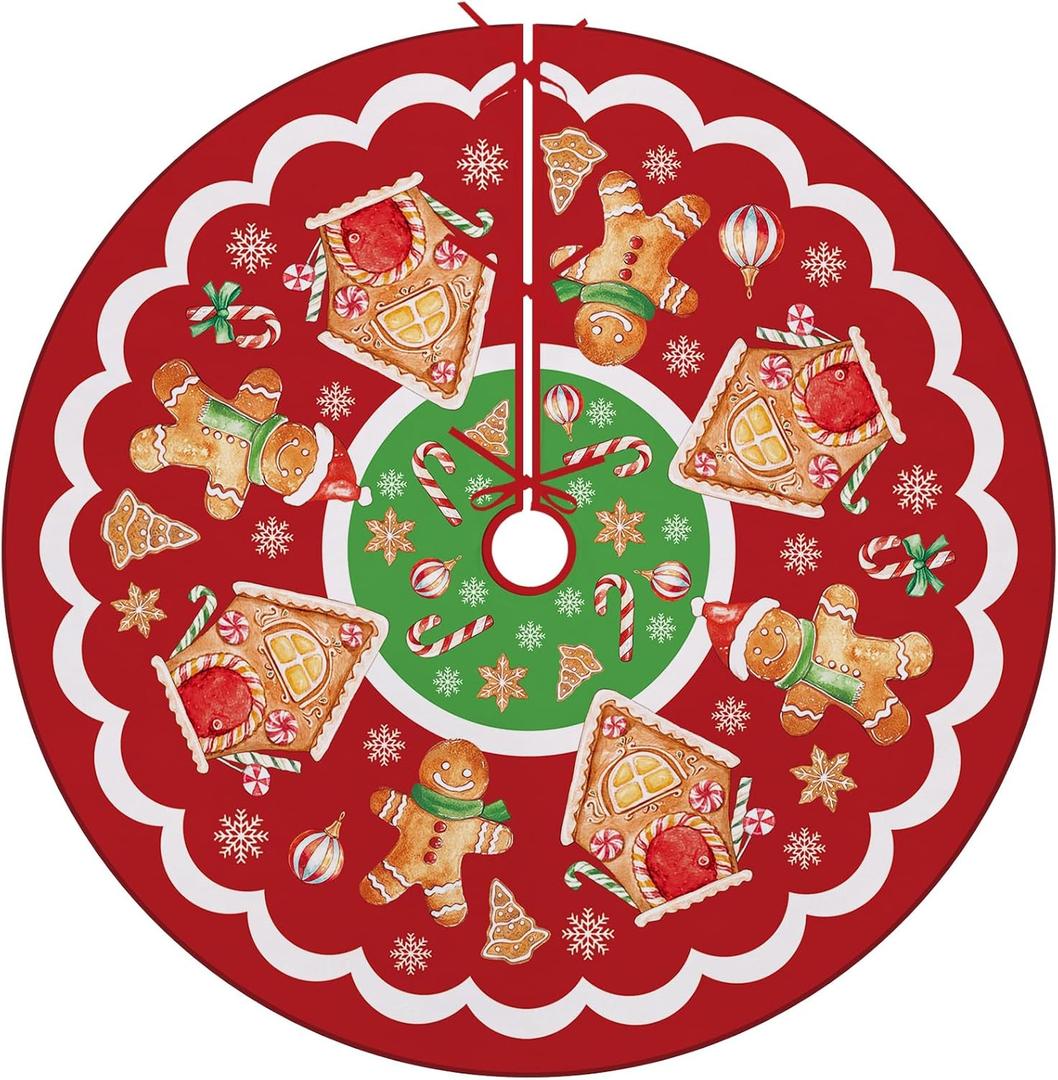 Gingerbread Man Christmas Tree Skirt, 48 Inches Lace-up Gingerbread House Peppermint Candy Xmas Tree Skirt, Winter Holiday Party Indoor Decoration Home Decor