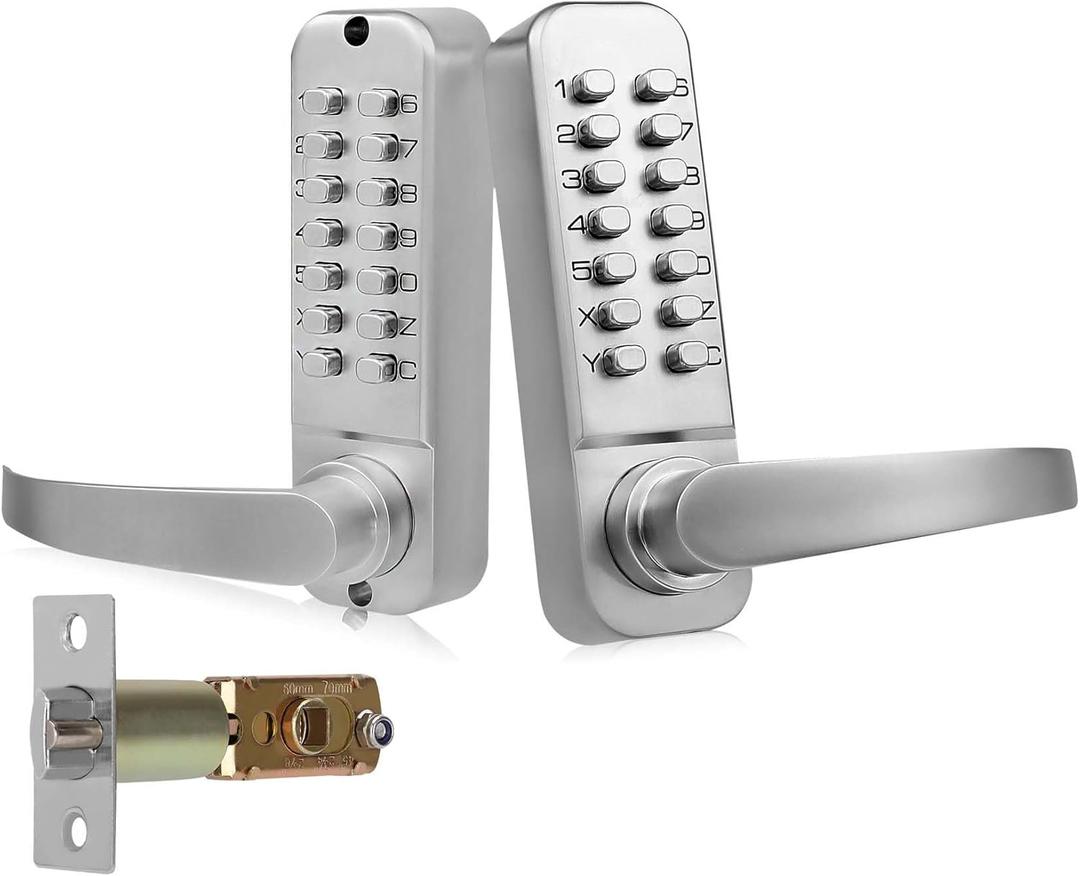 Upgrade Double Sided Keypad Door Lock with Adjustable Deadlatch 2-3/8'' and 2-3/4'', Double Sided Keyless Door Lock with Handle, Double Sided Gate Lock for Outdoor (Silvery)
