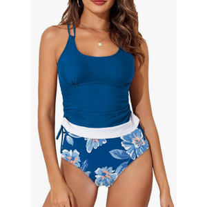 Aleumdr Womens Tankini Swimsuits Athletic Two Piece Tummy Control Bathing Suits Modest Tank Tops with Print Bottoms Blue Large