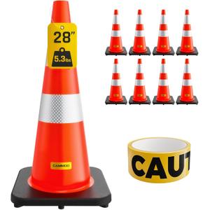 8 Pack 28 Inch Traffic Cones with Black Base, from -22 to 131, MUTCD-Compliant Orange Safety Cone with Reflective Collar  Extra Caution Tape for Parking Lot, Construction Work, Road Safety