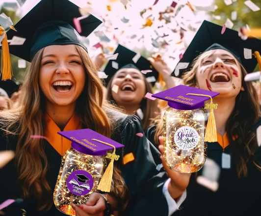 Mimorou 8 Sets 2026 Graduation Table Decorations Class of 2026 Table Centerpieces Graduation Jars with LED Light, Felt Grad Hats, and Stickers for High School College Photo Props (Purple)