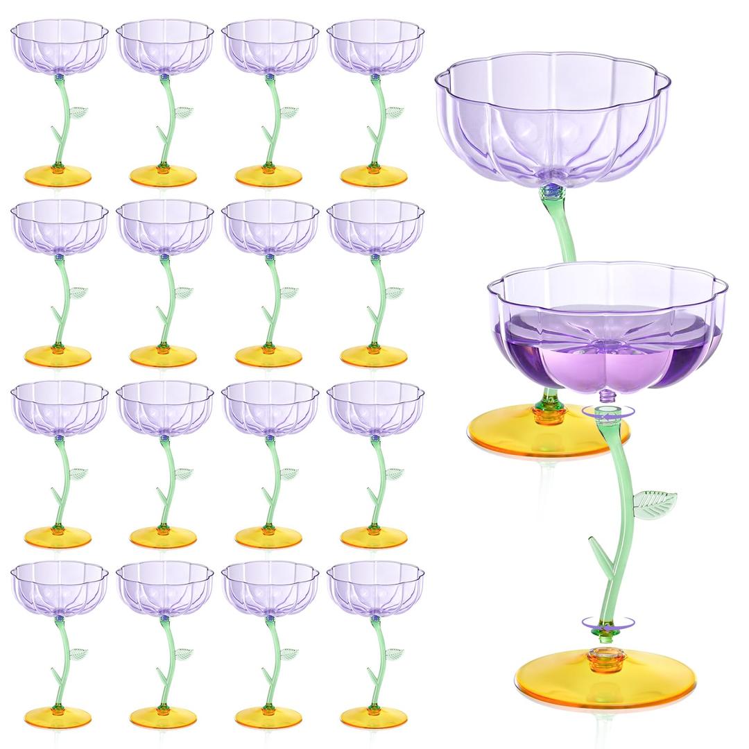 HKSZEH 24 Pcs Purple Plastic Ribbed Coupe Glasses Detachable 7oz Flower Cocktail Glasses Modern Wavy Plastic Cocktail Coupes Disposable Martini Glasses Mimosa Glassware champagne goblets (24, Purple)