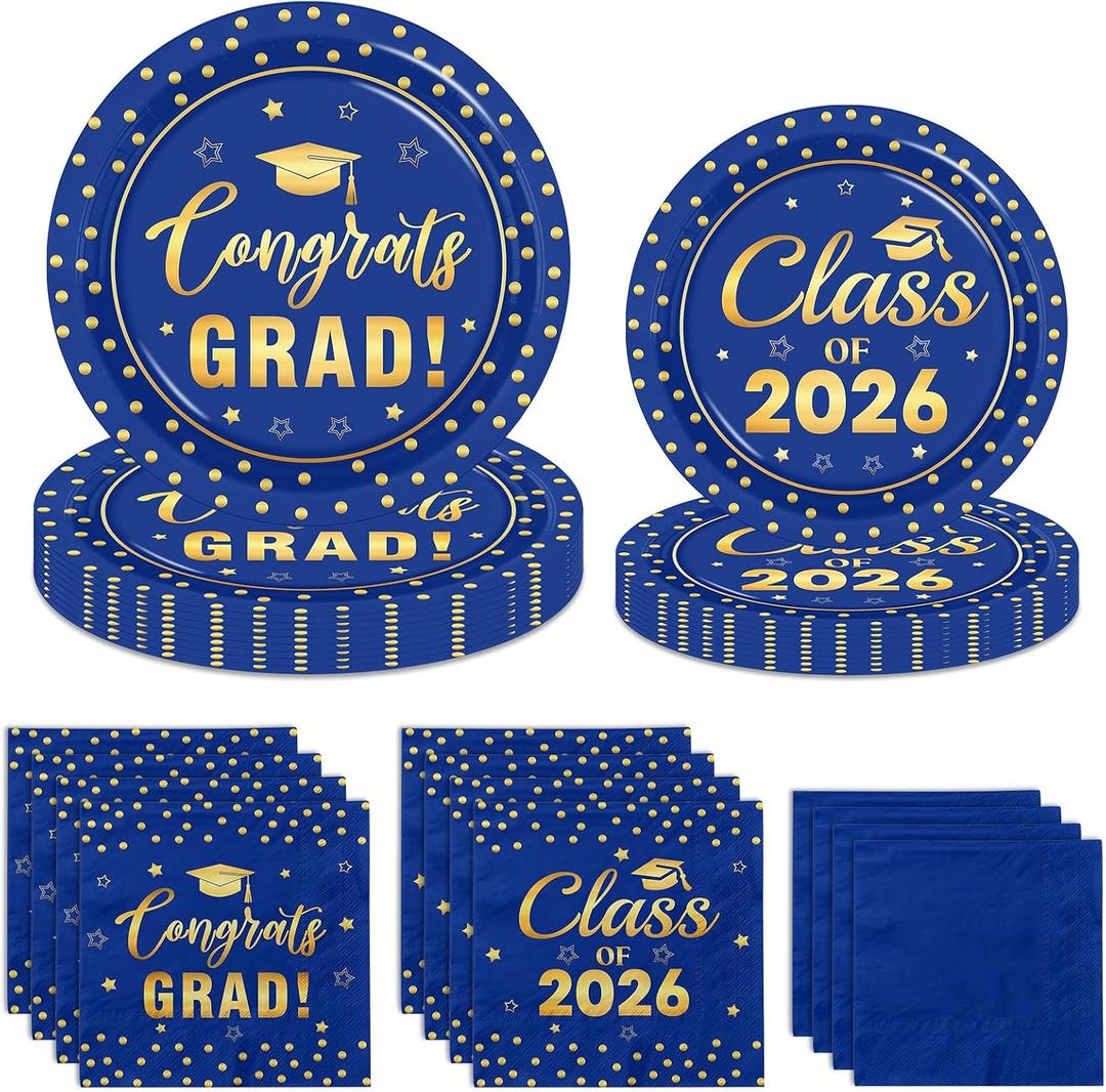 Blue and Gold Graduation Paper Plates and Napkins Serve 50, Polka Dots Graduation Decorations Class of 2026 Congrats Grad Decorations for College High School Grad Party Supplies