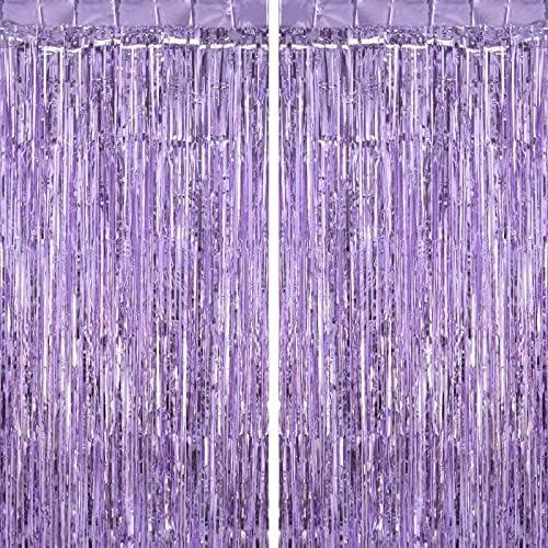TOTAFAM 2 Pack Light Purple Fringe Curtains Foil Shiny Fringe Backdrop Tinsel Door Streamers Foil Curtains for Birthday Wedding Engagement Bridal Shower Celebration Party Decorations Large