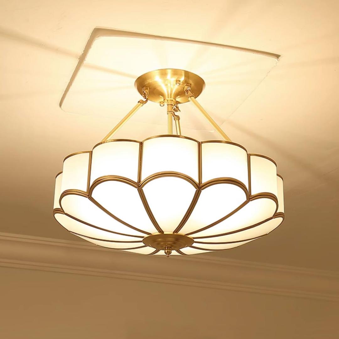 MIXL-17 Inch Brass Semi Flush Mount Ceiling Light,Art Deco Floral Milk Glass Chandelier,Antique Bathroom Light Fixture,Vintage Style Ceiling Lamp for Bedroom Kitchen and Office (23.6 inches)
