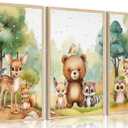 3Pcs Woodland Animal Nursery Wall Art Forest Animal Wall Decor Cute Watercolor Deer Bear Fox Poster Canvas Prints Paintings Pictures Artwork for Kids Baby Bedroom Decor Unframed Poster 12X16in (12L" x 16W")