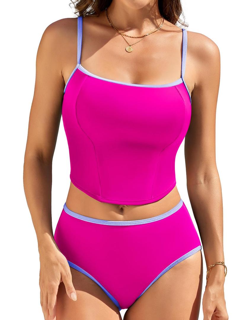 RIHOAS Tankini Swimsuits for Women Two Piece High Waisted Bathing Suits (Pink, L)