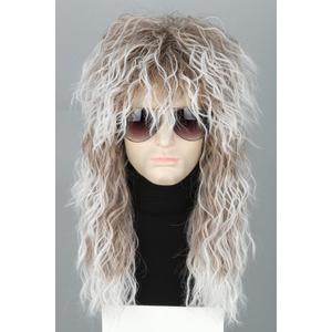80s Wigs for Men Brown White Long Wavy Mullet Wigs for Women Heavy Metal Rocker Wig Halloween Costume Party Wig