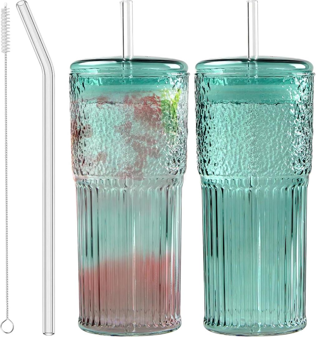 Glass Coffee Cups with Lids and Straws, 20 OZ Green Iced Water Glasses Tumblers for Ice Juice, Tea, Milk, Smoothie and Cold or Hot Drinks, Set of 2