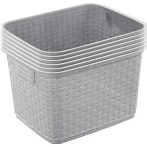 Sterilite 6-Pack Tall Weave Basket, Wicker-Style Plastic Open Storage Bin, Cement Gray - Multi-Purpose Decorative Organizer for Laundry Area, Shelves, Closets, Pantries, Living Rooms or Offices