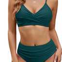 Edelqual Women's High Waisted Bikini Sets Two Piece Swimsuit Tummy Control Bathing Suit V Neck Swimwear 2025 Swim Suit (Medium, Blue Green)