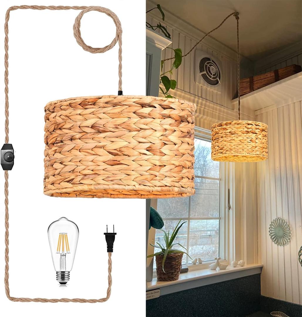 Rattan Plug in Pendant Light Boho Hanging Lights with Plug in Cord & Dimmable Switch,Indoor Hanging Lamp Plug in Wicker Woven Lampshade for Living Room Bedroom Dinning Island (Straight tube)