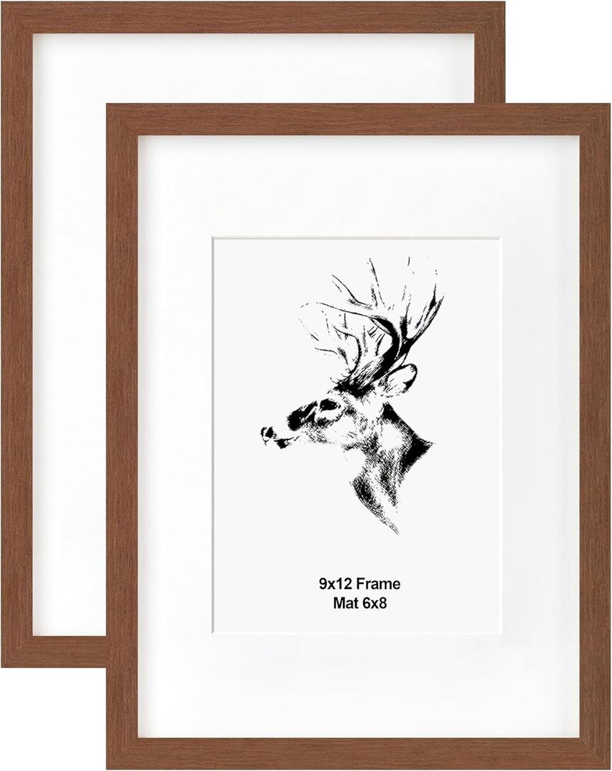 Yaetm 9x12 Picture Frame with Mat for 6x8 Set of 2, Walnut Brown, Solid Wood Photo Frames 9 x 12 with Tempered Glass, Display Horizontal and Vertical for Wall Mounting (2 pack, Walnut)