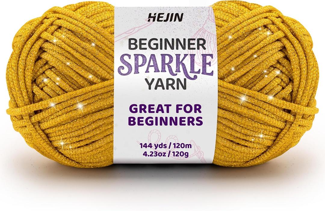 120g Gold Sparkle Yarn for Crocheting and Knitting; 120m(144yds) for Beginners with Easy-to-See Stitches; Worsted-Weight Medium #4; Yarn for Beginners Crochet Kit Making