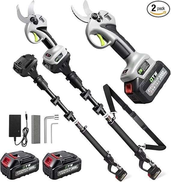 Electric Pruning Shears with Pole 1.4-2.0 Cutting Diameter & 2-IN-1 Electric Pole Pruner,2PCS 21V 3.0Ah Batteries,Brushiless Motor,4 Modes Adjustable Branches Cutter for Flower, Tree Trimming(Gray)