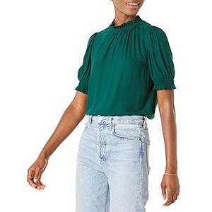 Amazon Essentials Women's Fluid Twill Short Puff Sleeve Ruffle Smocked Shirt, Dark Green, X-Large