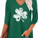 KISSMODA Womens 3/4 Sleeve Plus Size Sleeve Tops Casual Summer Trendy Loose V-Neck Blouses T-Shirts Tunic White Clover