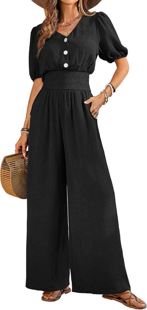 LOOKBOHO Womens Jumpsuits Short Sleeve V Neck Dressy Casual Wide Leg Pants Romper 2026 Summer One Piece Outfits (Medium, Black)
